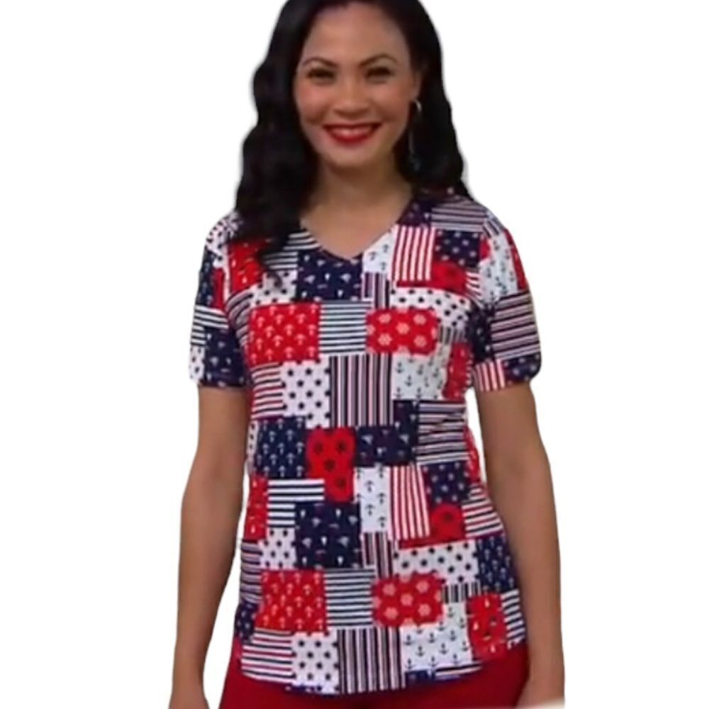 Denim & Co. Printed Americana Perfect Jersey V-Neck Top